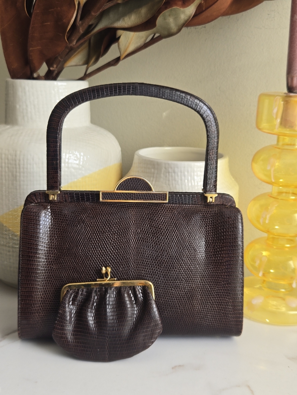 Vintage Unicorn Lizard Leather Henri Bendel Top Handle Bag With Kisslock Pouch